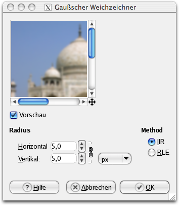 Eigenschaften für das Filter Gaußscher Weichzeichner
